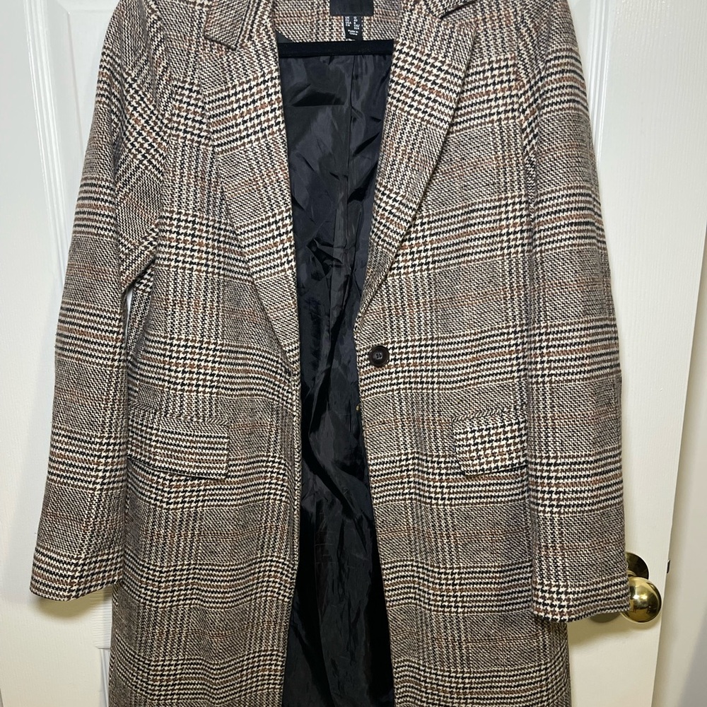 New Look Black and Brown Plaid Pea Coat